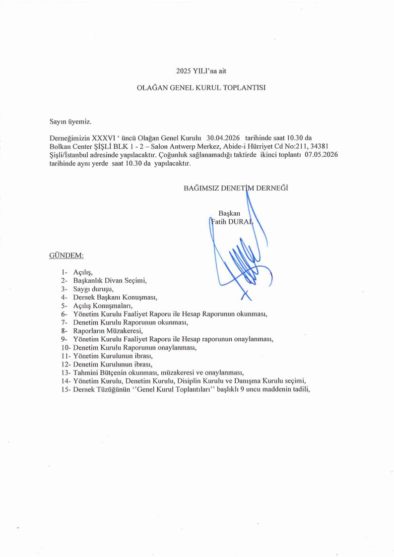 2026 OLAĞAN GENEL KURUL TOPLANTISI ÇAĞRISI GAZETE İLANI